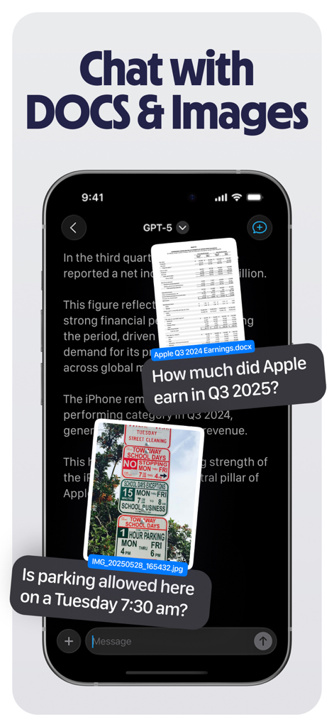Fello AI: Chat Bot Assistant - A smartphone screen displaying the Fello AI chat interface analyzing a financial document and a photo of parking signs.