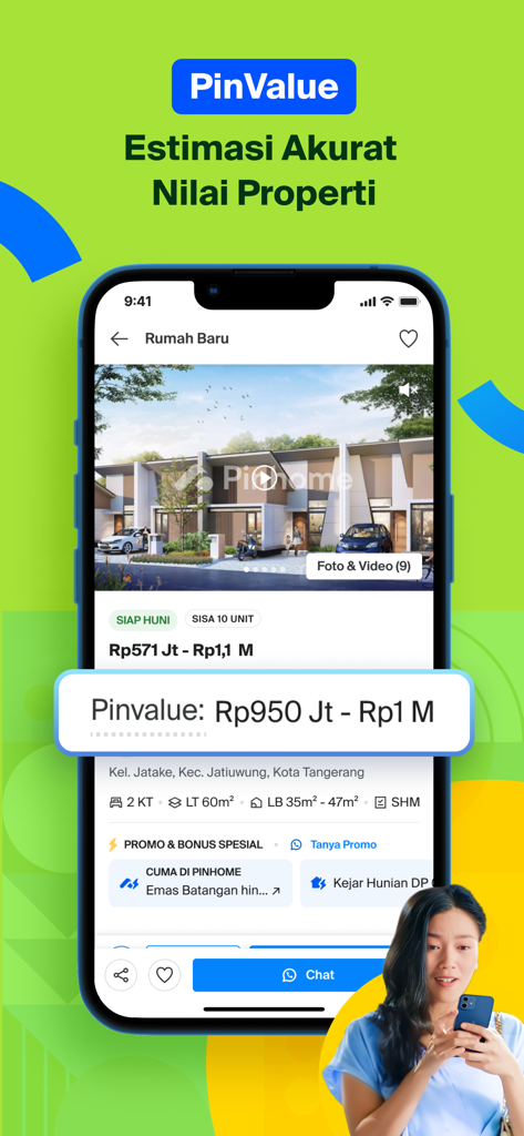 Pantalla de la aplicación Pinhome que muestra la función de estimación de valor de propiedad PinValue en un listado de casas.