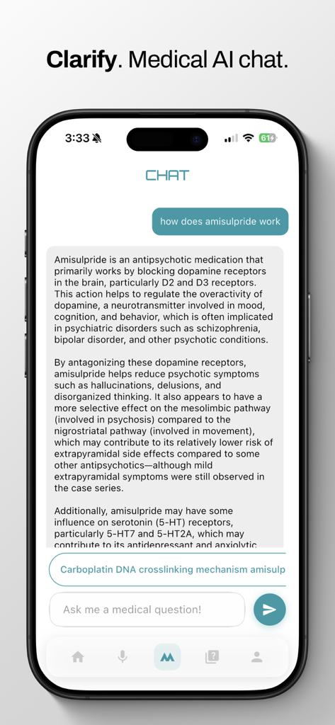 Medr app interface showing an AI chat assistant providing detailed clinical information about medication mechanisms.
