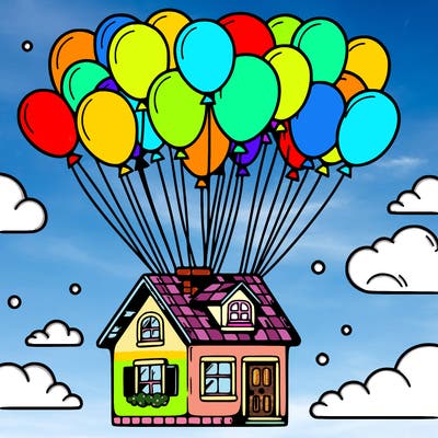 house floating from lots of balloons