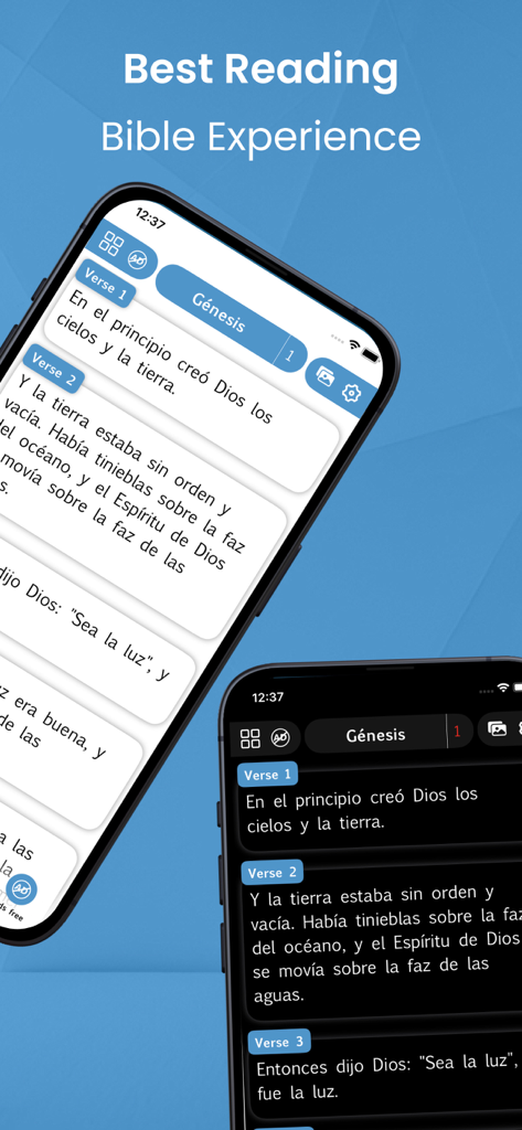 La Santa Biblia. Spanish Bible - Two iPhones showing the light and dark mode interfaces of the La Santa Biblia Spanish Bible app