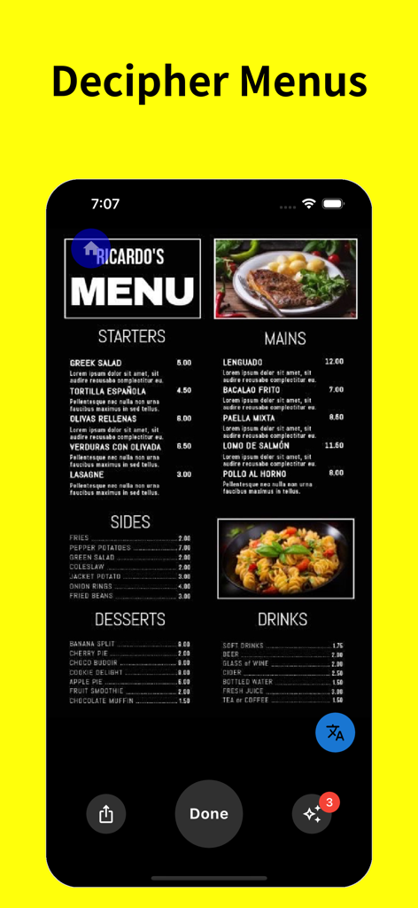 Captura de pantalla de una aplicación móvil titulada Descifrar Menús mostrando un menú de restaurante con opciones de comida y bebida siendo traducidas
