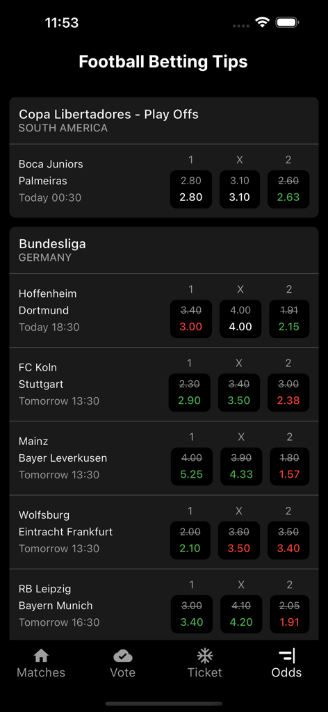 Football Betting Odds & Tips - サッカーのベッティングアプリのインターフェース。ブンデスリーガとコパ・リベルタドーレスの試合のオッズが表示されています