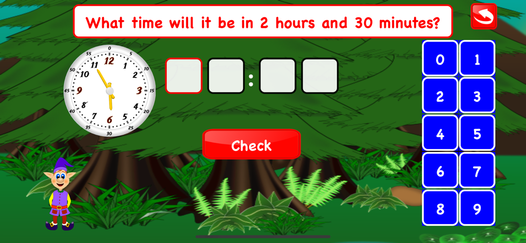 Fifth Grade Math Games Kids - Juego educativo de matemáticas para estudiantes de quinto grado que presenta un ejercicio de cálculo de tiempo con un reloj analógico y un fondo de bosque.