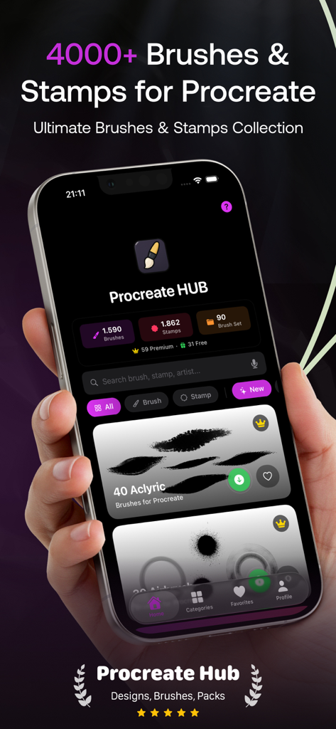 Procreate Brushes & Stamps Hub - Una mano sosteniendo un iPhone que muestra la aplicación Procreate Brushes and Stamps Hub con una colección de herramientas de arte digital.