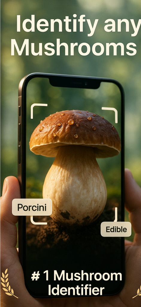 Un smartphone utilisant l'IA FungiSnap pour identifier un cèpe comestible dans la nature
