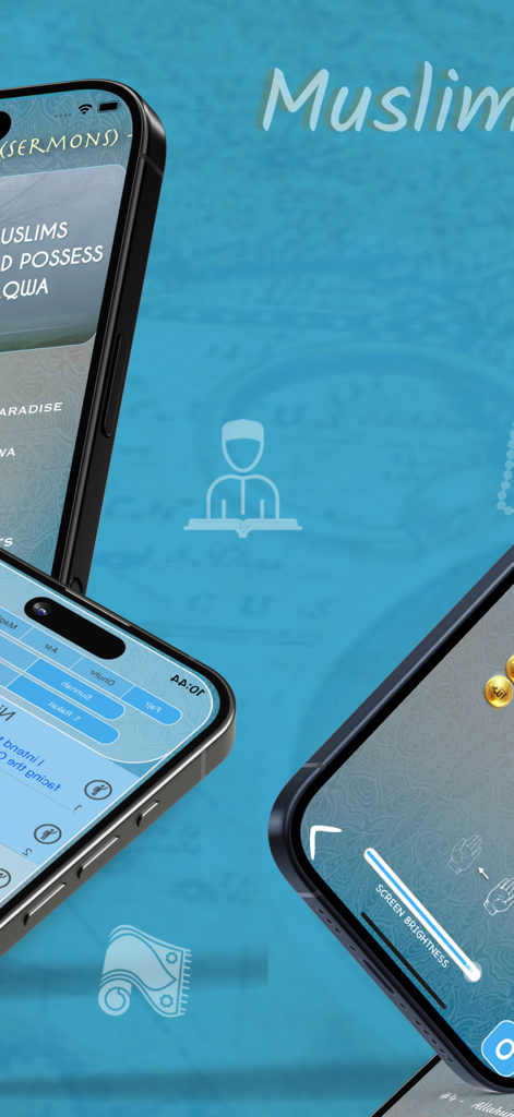 Qibla Finder, Qibla Compass AR - Three iPhone screens showing various features of the iQibla app including prayer tracking, sermons, and settings on a blue background.