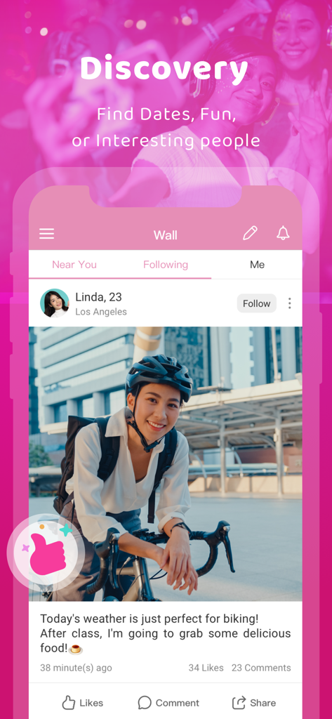 iPair - Chat, Meet New People - Interface of the iPair dating app showing the Discovery Wall where users share daily life posts.