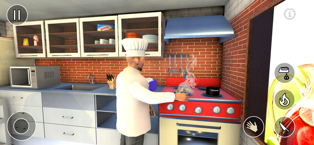 Un personaje chef preparando comida en una estufa en un entorno de cocina 3D realista.