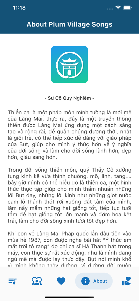 A screenshot showing the About section of the Plum Village Songs app with its logo and Vietnamese text description.