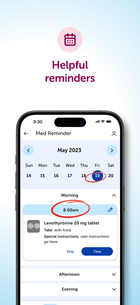 Smartphone screen showing CenterWell Pharmacy medication reminder calendar and daily pill schedule
