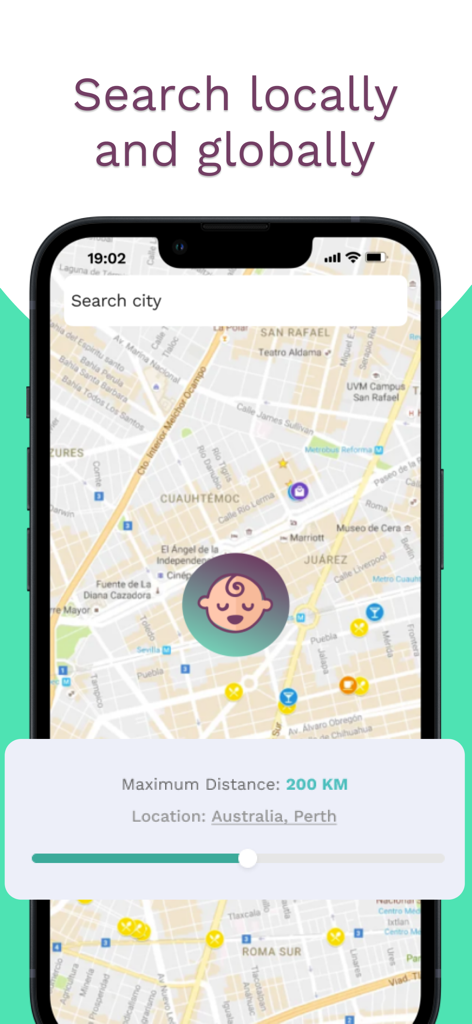 Just a Baby: Become a parent - A smartphone screen from the Just a Baby app showing a map interface with a search bar and a distance slider to find fertility matches locally and globally.