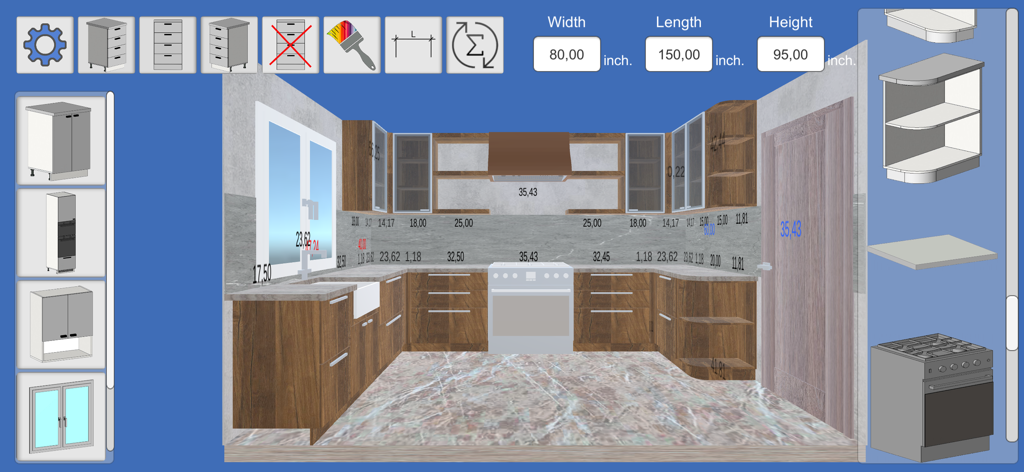 Kitchen Editor 3D - Interfaccia di progettazione cucina 3D con mobili in legno e annotazioni di misurazione in pollici
