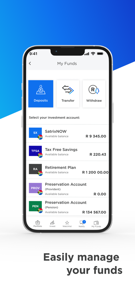 SatrixNOW - SatrixNOWアプリのインターフェースに、税制優遇貯蓄や退職金プランなどの投資口座のリストと利用可能な残高が表示されています。