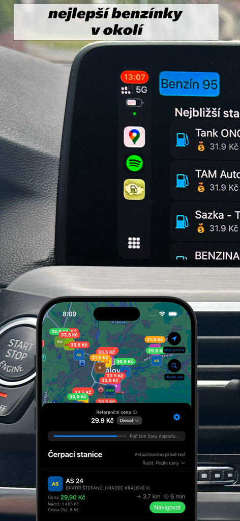 Benzínky - tankování v okolí - Benzinky gas finder app interface showing fuel prices on a map and car dashboard display