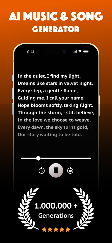 Music AI Song Generator, Cover - A smartphone screen displaying AI generated song lyrics and music playback controls within the app.