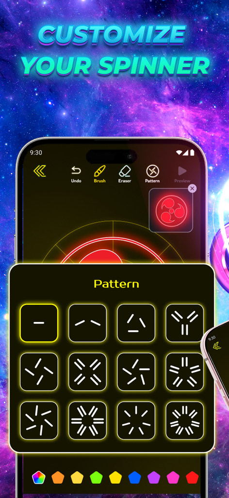 Ein Menü mit verschiedenen symmetrischen Linienmustern und leuchtenden Neonfarben zur Anpassung eines leuchtenden Finger-Spinners.