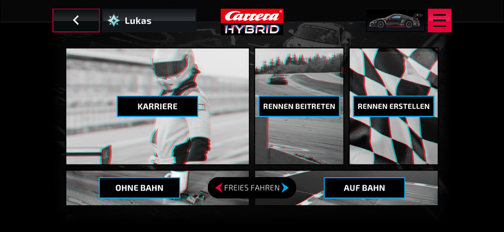 Carrera - HYBRID - Main menu of the Carrera Hybrid app featuring career mode, join race, and track selection options.