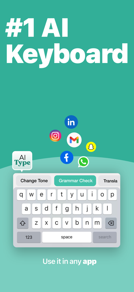 AI Keyboard - Orki - Orki AI Keyboard showing grammar check and tone change features with compatibility icons for popular social apps