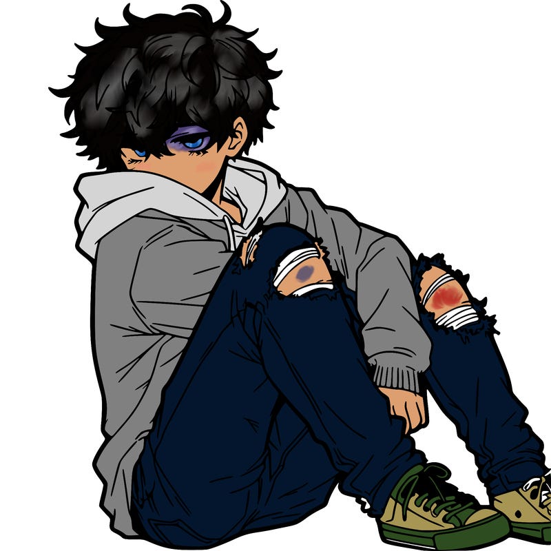 a male hoddie ripped jeans messy hair anime