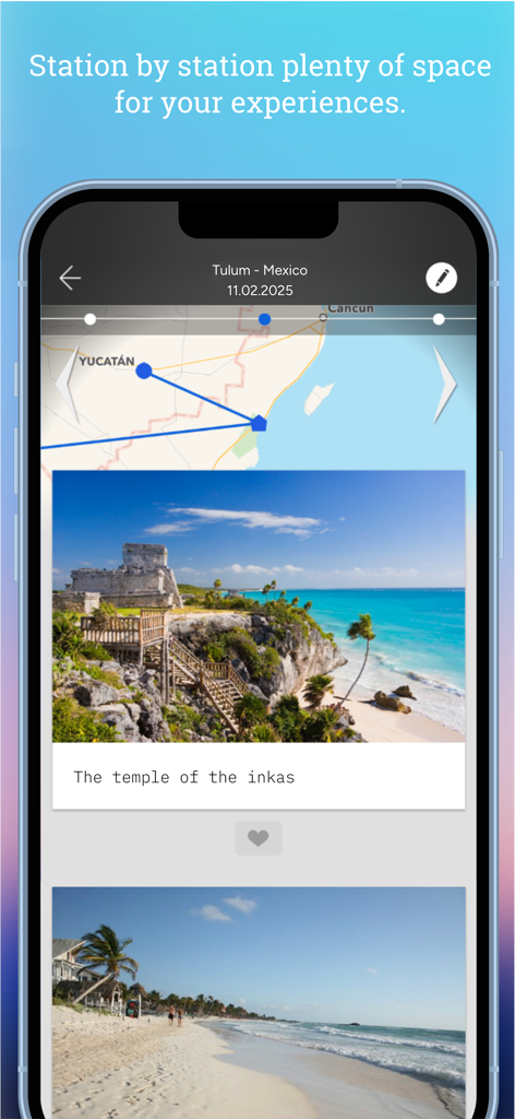 Tripmii - Travel Diary - Tripmii travel diary app screen showing a Mexico trip entry with route map and scenic photos