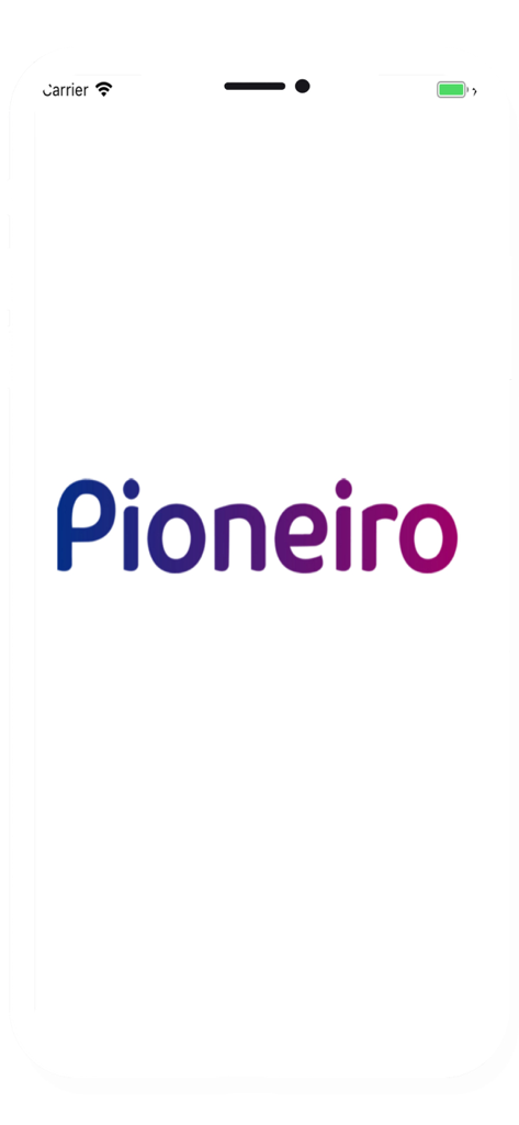Pioneiro - Tela inicial do aplicativo Pioneiro mostrando o logotipo da marca em gradiente azul e roxo
