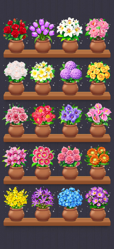 Flower Merge - Blossom Games - A colorful collection of various potted flowers displayed on wooden shelves