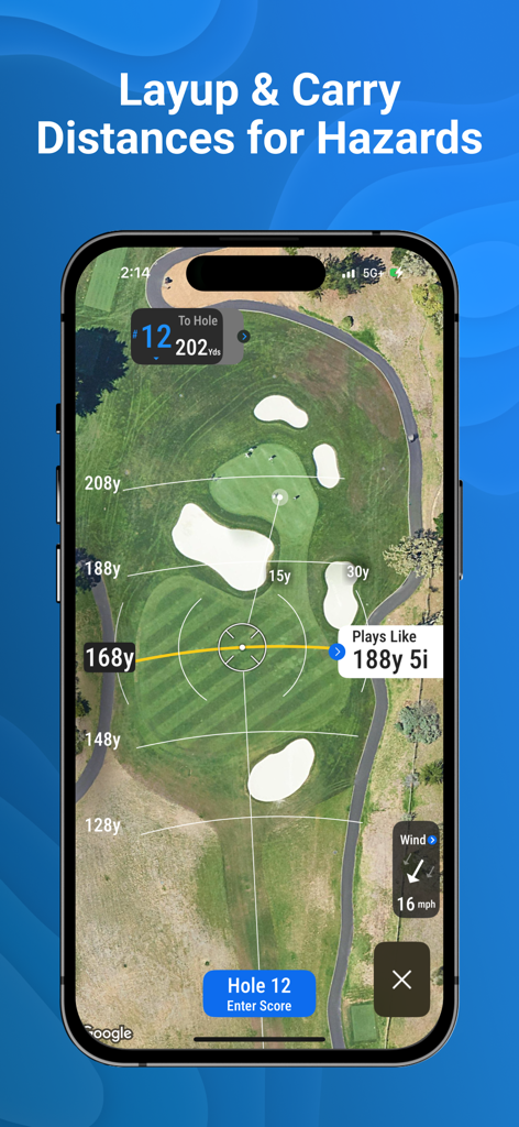 Eine Satellitenansicht eines Golflochs auf 18Birdies, die GPS-Entfernungen für Layups und Überflüge von Hindernissen zeigt