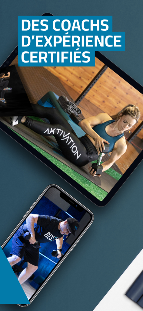 Application Aktivation présentant des coachs de fitness certifiés sur des appareils mobiles