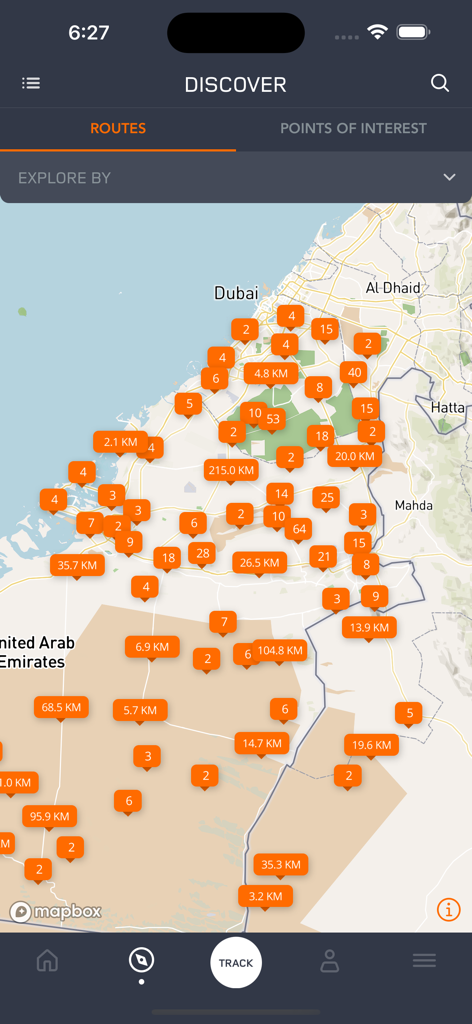 Ardhi - #MyLand أرضي - Ardhi app map showing off roading routes and distance markers in the UAE