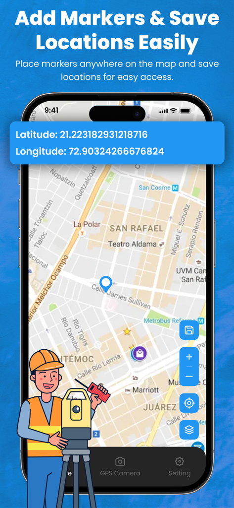Interface do aplicativo de levantamento de terras mostrando coordenadas GPS e marcadores em um mapa