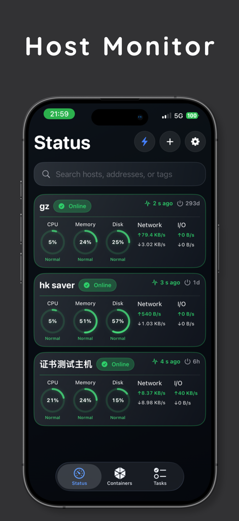 Pantalla del monitor de hosts de la aplicación Termi mostrando el uso en tiempo real de CPU, memoria y disco para múltiples servidores