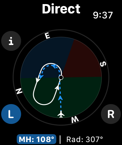 Apple Watch screen showing a Direct hold entry calculation for pilots with heading and radial settings.