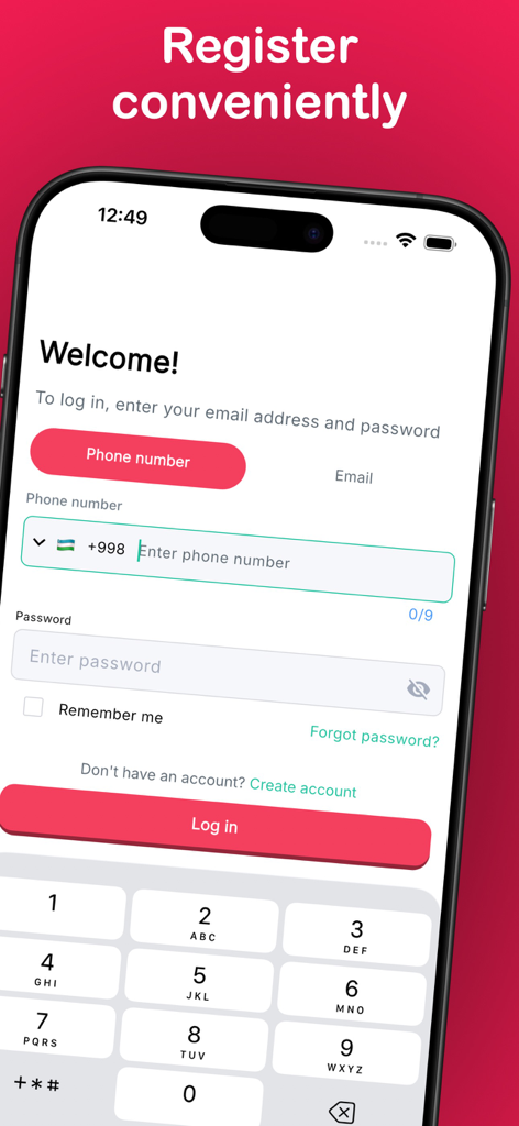 SOut - Interfaz de inicio de sesión y registro de la aplicación SOut con campos para número de teléfono y contraseña