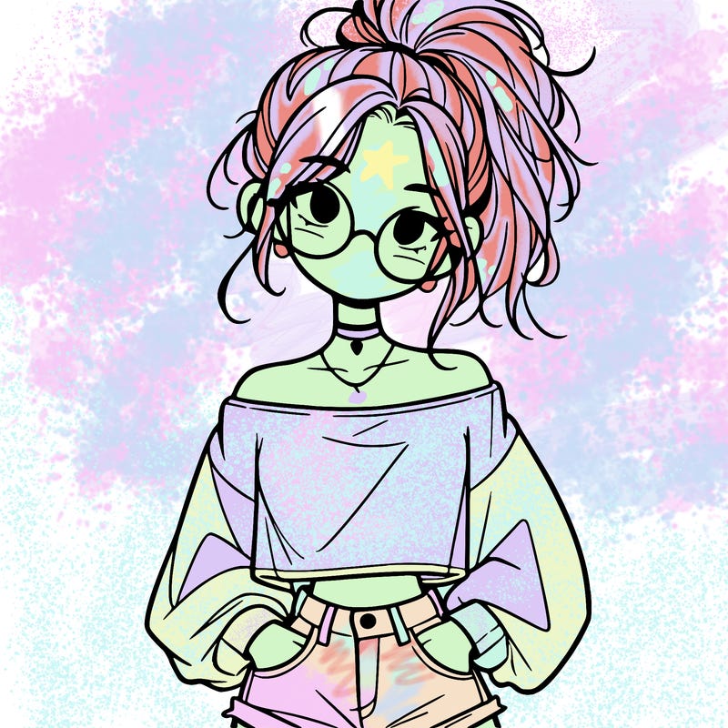 girl with a messy ponytail glasses a baggy crop top and jean shorts