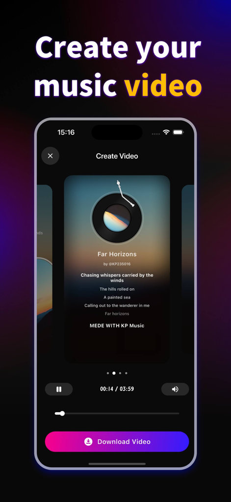 KP - AI Music & Song Generator - User interface of KP AI Music app for creating and downloading music videos with lyrics