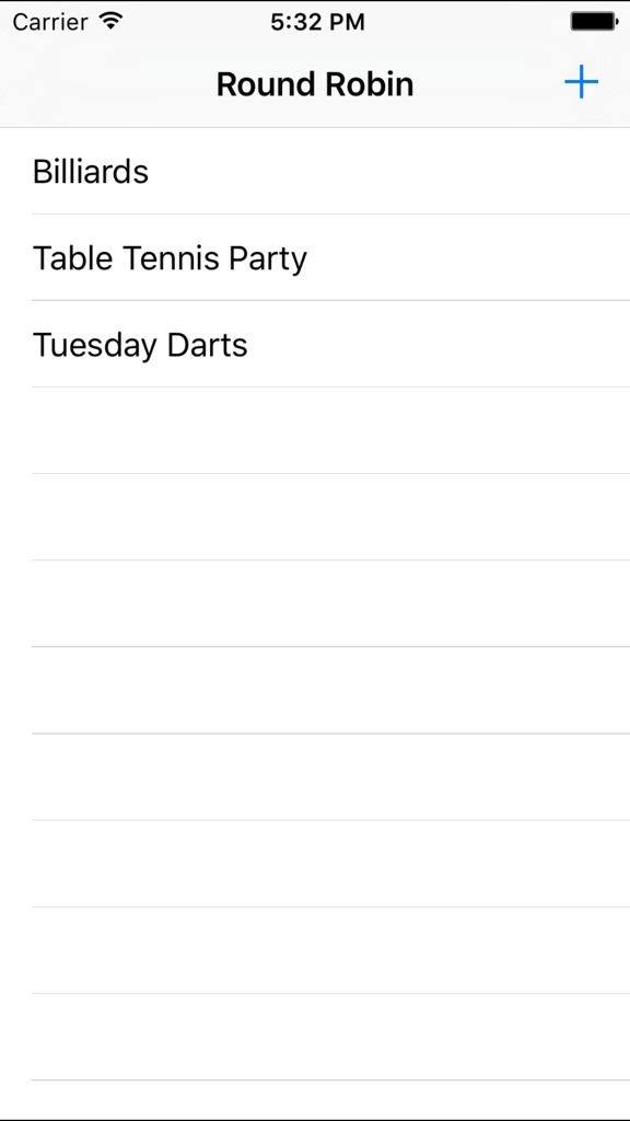 Hauptbildschirm der Round Robin App mit einer Liste gespeicherter Turniere