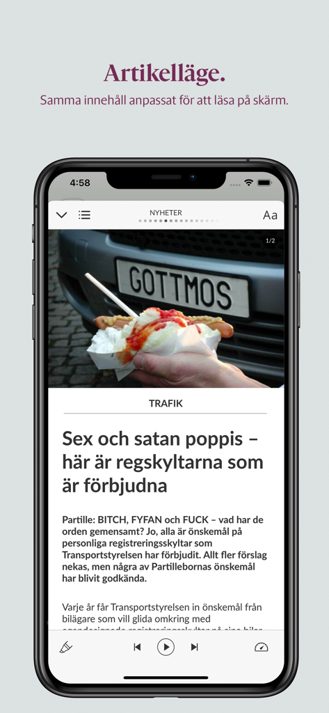 Ein Smartphone, das einen Nachrichtenartikel über lokale Verkehrsregeln im speziellen Artikelmodus von Partille Tidning für das digitale Lesen anzeigt.