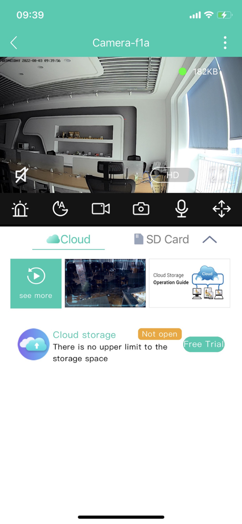 VSmaHome app screen displaying live camera footage with security controls and cloud storage settings