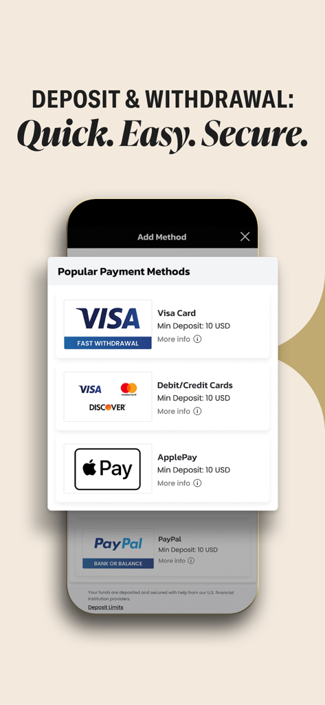 Interface mostrando métodos de pagamento populares como Visa, Apple Pay e PayPal para o aplicativo de dinheiro real BetMGM Casino