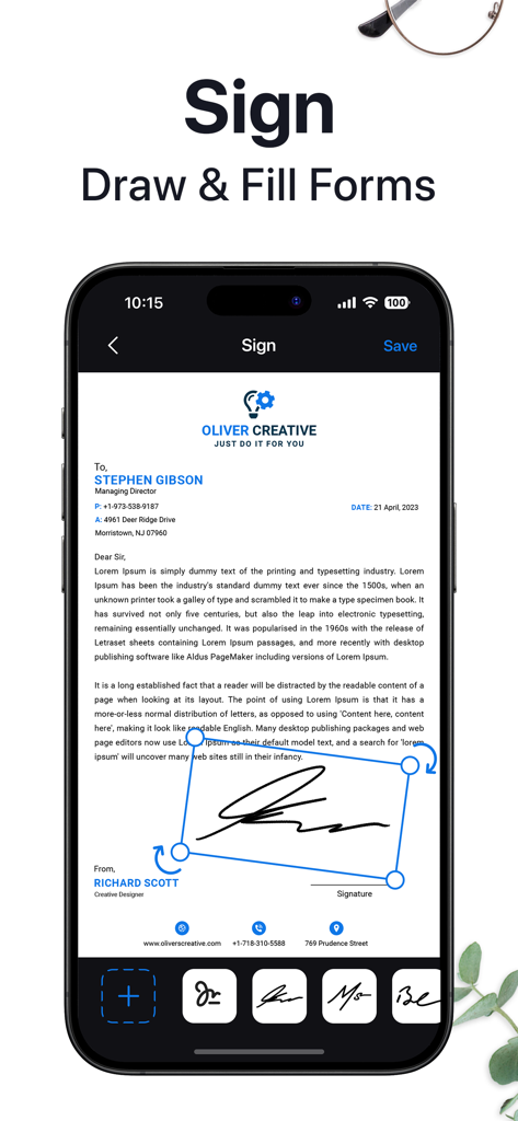 Easy Scanアプリでモバイル画面上でデジタル署名されているプロフェッショナルなドキュメント。