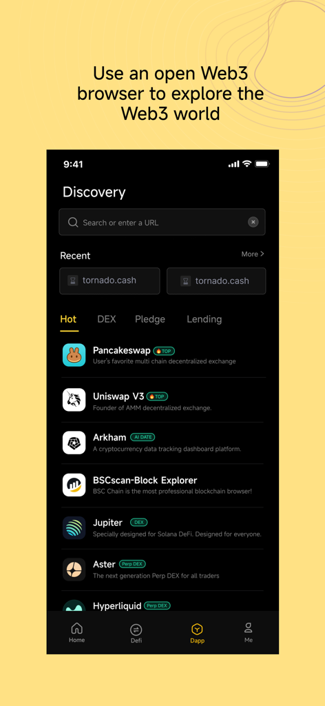 BSC Wallet: Web3 BNB chain - BSC Wallet App Discovery-Bildschirm mit einem Web3-Browser und beliebten dezentralen Anwendungen wie Pancakeswap und Uniswap.