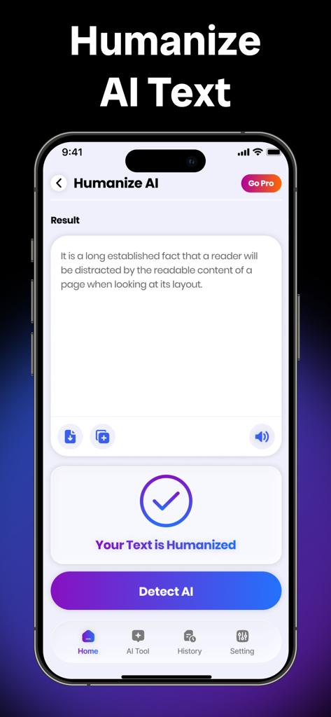 AI Humanizer - Text Rewriter - Mobile app screen showing humanized text result from AI generator