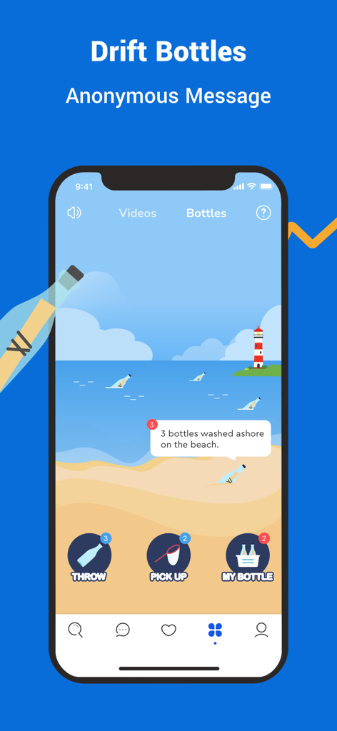 PositiveSingles app drift bottles feature for anonymous messaging with a beach illustration