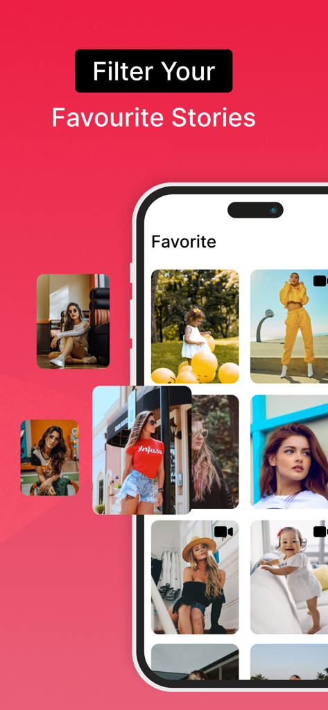 InstaSaver - Video Saver - Interfaz de la aplicación InstaSaver mostrando una cuadrícula de historias de Instagram guardadas favoritas y una función de filtro