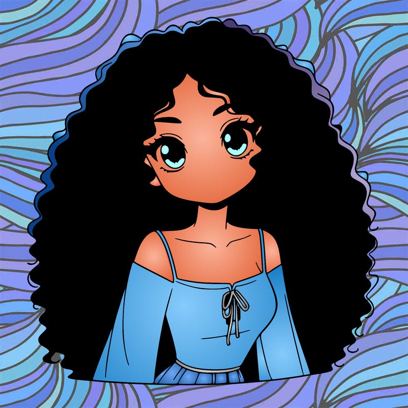 a black anime girl with long afro hair