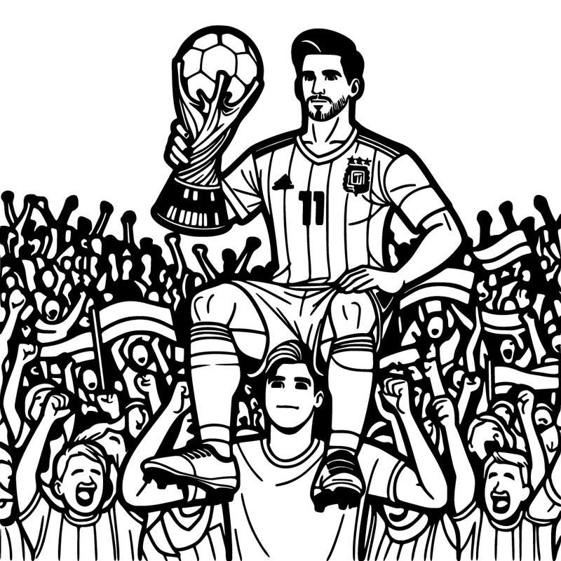 messi on somewon shoulder lifting the world cup with fans around him