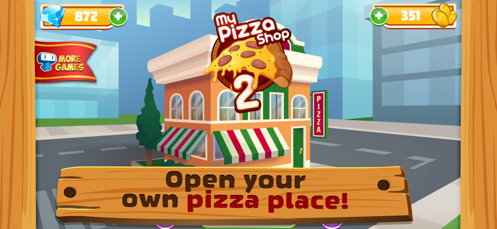 Pizza Shop 2: Cooking Games - Un bâtiment de pizzeria de dessin animé dans le jeu mobile Pizza Shop 2