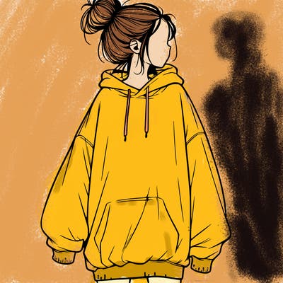 realistic girl with a oversized sweatshirt on and a bun