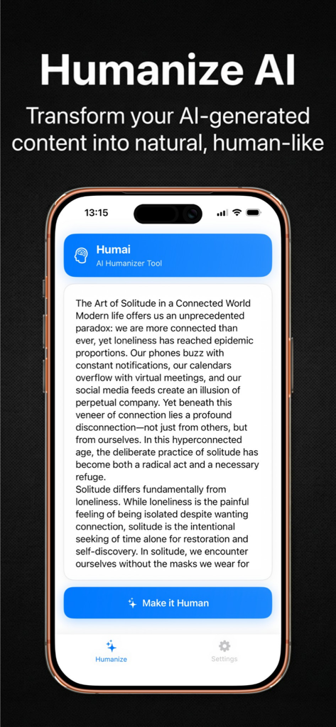 Humanize AI: Text Rewriter - Humanize AI app interface showing the text humanizer tool with a make it human button